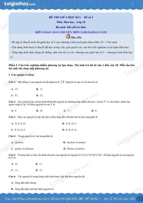 Đề thi giữa kì 1 Hóa 10 Kết nối tri thức - Đề số 2